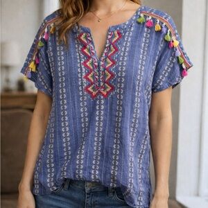 THML Blue Kids Blouse with Colorful Tassels